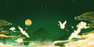 绿色国潮手绘双十一购物节金边山水飞鹤展板背景